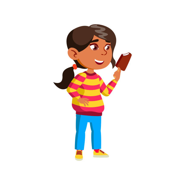 快乐的亚洲女孩孩子吃冰淇淋的卡通向量图片下载
