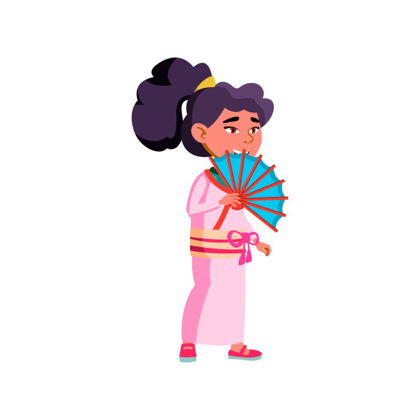 中国女孩穿着传统服装在家中挥舞扇子的卡通向量图片下载