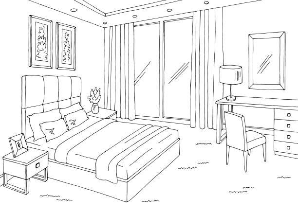 卧室图形黑白室内素描插图矢量图片下载