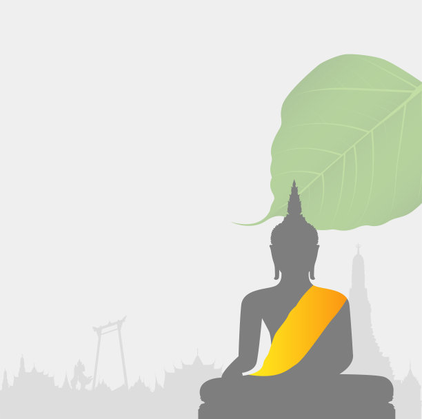 宗教大佛坐以佛叶矢量为背景——泰国佛教节日文化，旗帜模板设计，菩提叶图片下载