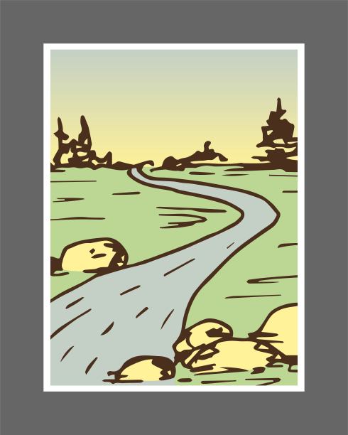 手绘矢量图。北方国家的野生动物。景观和自然，河流，石头，针叶树。插图在绿色，蓝色和米色。印刷品，海报，封面，明信片。图片下载