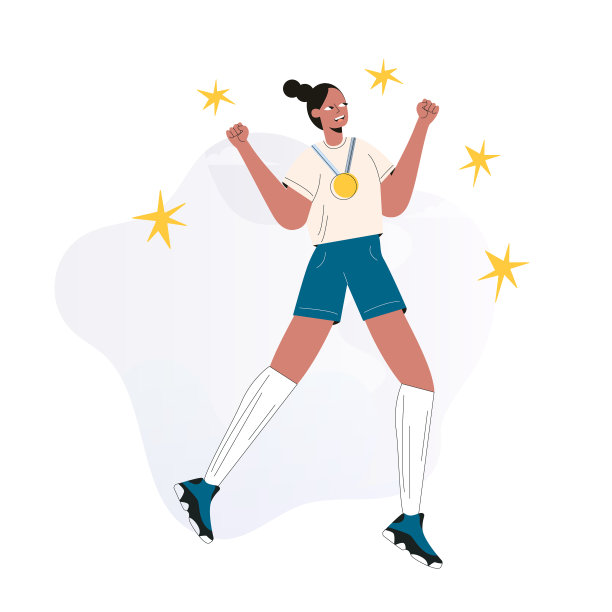 年轻的非裔美国运动员，金牌得主。快乐运动员女性格后获得冠军。赛跑女孩庆祝胜利和成功。平面矢量卡通插图图片下载