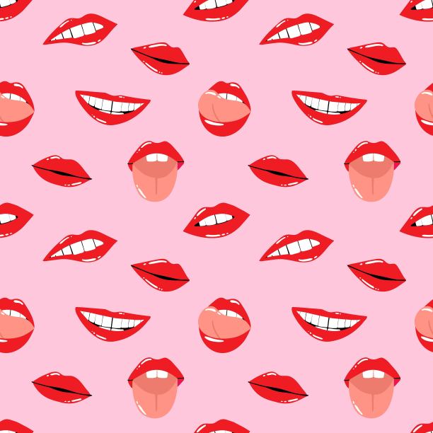 红唇花纹无缝。女性性感口红。女人唇妆，舌头和白色的牙齿，卡通矢量孤立的当代装饰纺织品，包装纸壁纸矢量印花或织物图片下载
