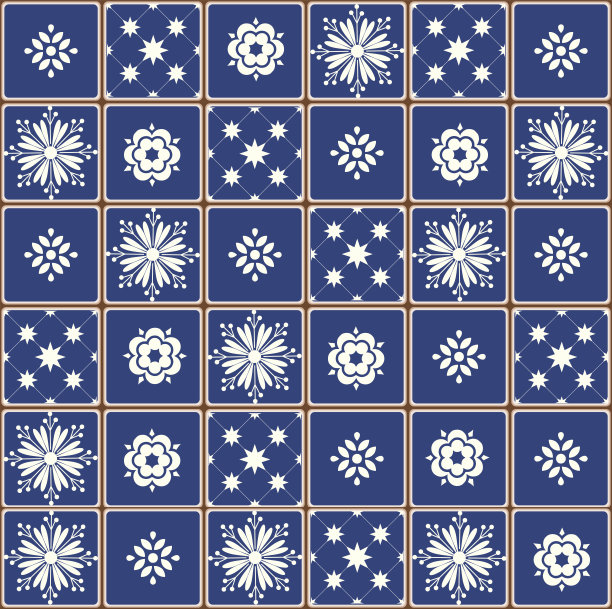 蓝色葡萄牙瓷砖图案-阿祖霍斯矢量，时尚的室内设计瓷砖图片下载