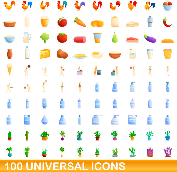 100个通用图标设置卡通风格图片下载