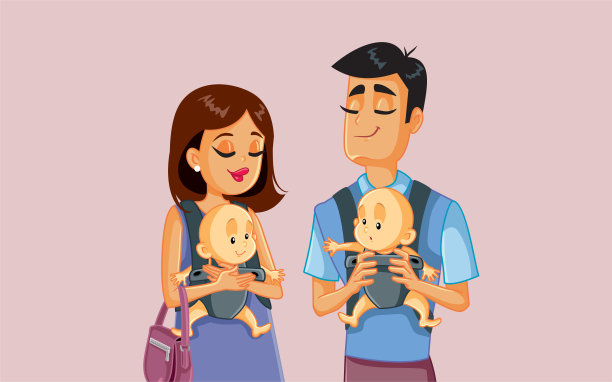 年轻幸福的家庭与双胞胎矢量插图图片下载
