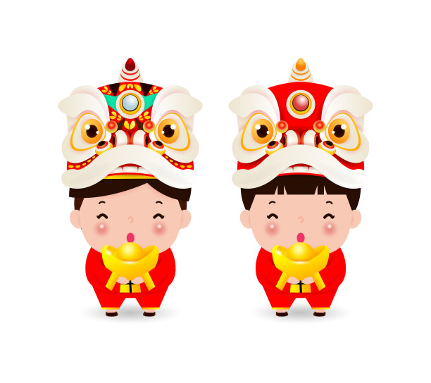 春节快乐，中国男孩和女孩在中国服装和舞狮头，卡通儿童矢量插图孤立在白色背景图片下载