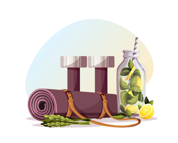 瑜伽垫，哑铃，排毒饮料，芦笋。采购产品运动，锻炼，健康的生活方式，健身房，健身，训练，瑜伽概念。图片下载