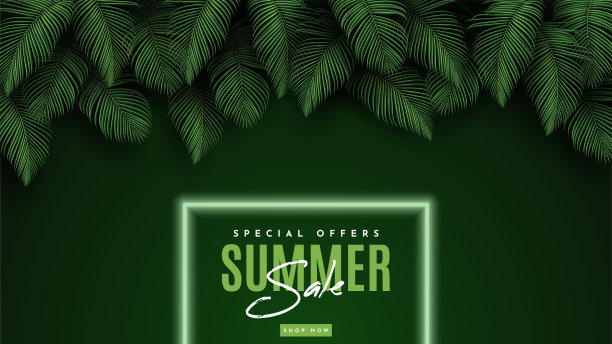 以热带树叶为背景的夏季销售旗帜。矢量图图片下载