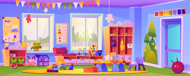 室内是空的幼儿园教室，房间里有玩具和教育立方体。小学生的教育和知识获取，学前学习和游戏学习。卡通向量在平面风格图片下载