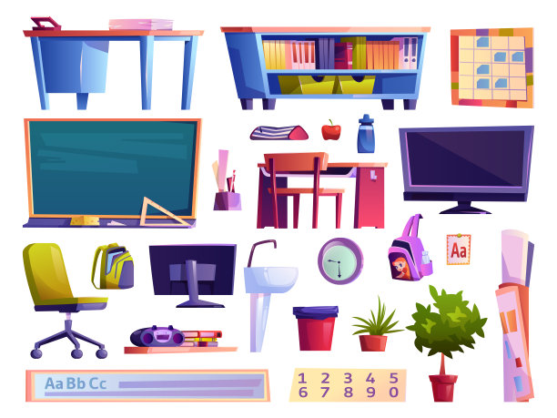 家具和小工具，学生的个人物品，孤立的学校教室元素。桌子上摆放着书籍、电视机、磁听器、装饰植物和学生们的食物。平的卡通向量图片下载