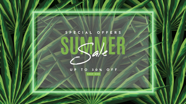 以热带树叶为背景的夏季销售旗帜。矢量图图片下载