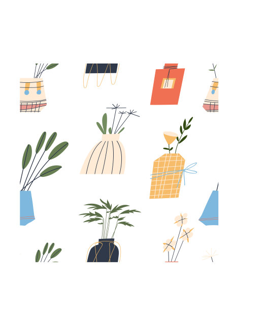 无缝图案的花卉花瓶与植物。白色背景，平面风格，矢量。图片下载