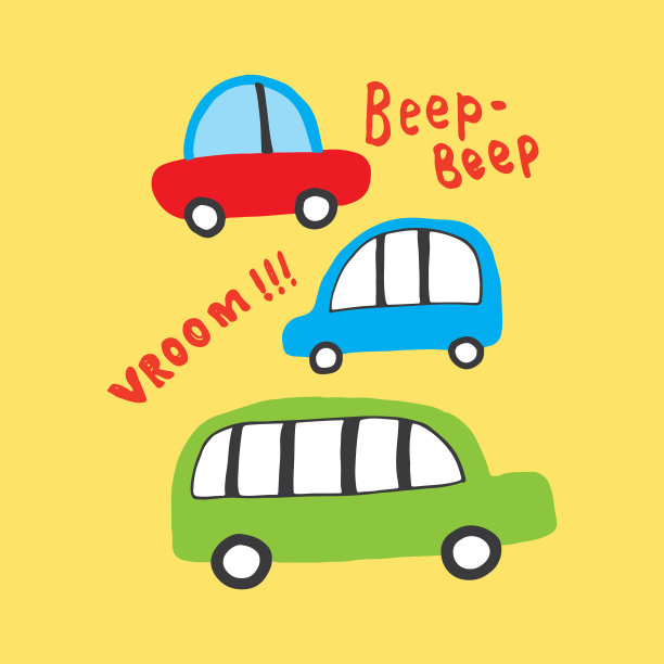 可爱的汽车卡通涂鸦。交通t恤印花设计。矢量图图片下载