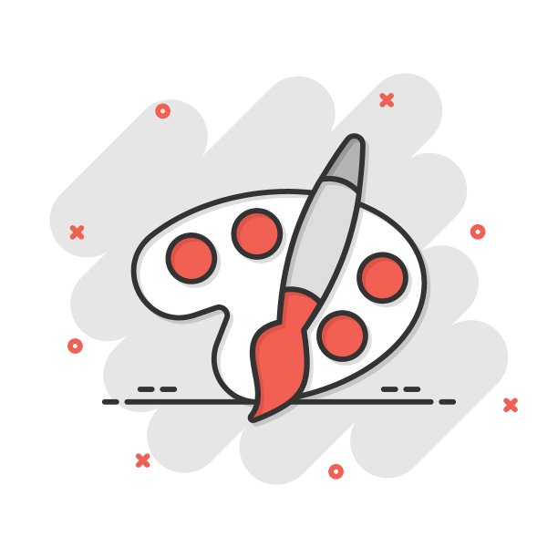 漫画风格的画笔图标。调色板卡通矢量插图在白色孤立的背景。油漆工仪器喷溅效果经营理念。图片下载