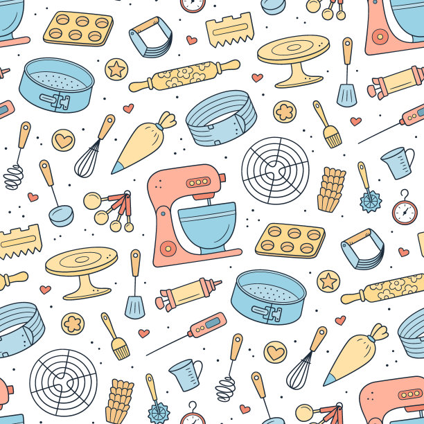 无缝模式与工具制作蛋糕，饼干和糕点。糖果工具-固定和面机，烤盘和糕点袋。手绘矢量插图上的白色背景图片下载