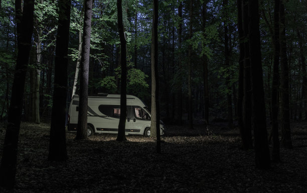 露营车在夜间在森林里露营图片下载