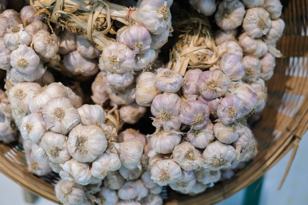 白色蒜堆质地。新鲜大蒜在市场桌上特写照片。维生素健康食品香料形象。辣食材图片。一堆白蒜头。白蒜头堆顶视图图片下载