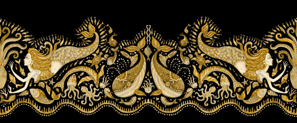 无缝边框图案手绘金色童话海洋动物和美人鱼。水彩幻想鱼，章鱼，珊瑚，海贝壳，泡沫在一个黑色的背景。蜡染流苏，纺织印花图片下载