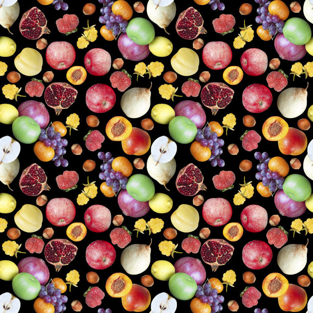 无缝彩色图案与不同的水果在一个黑色的背景图片下载