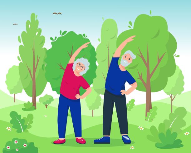 老女人和老男人在公园里锻炼。图片下载
