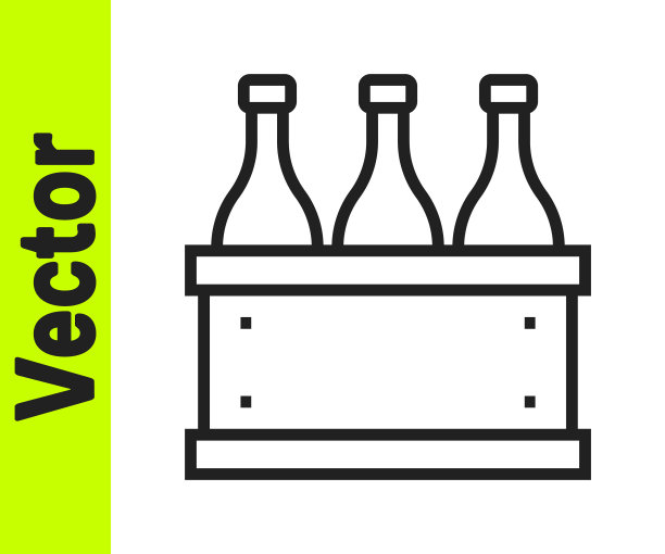 黑色线条酒瓶在一个木盒子图标孤立在白色背景。酒瓶在木条箱图标。向量图片下载