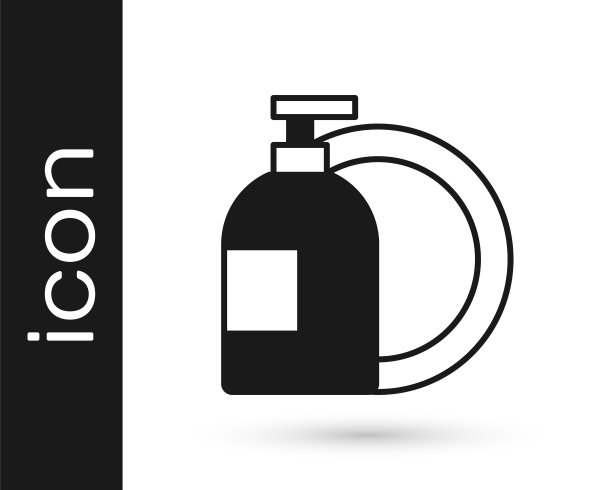 黑色洗碗液瓶和盘子图标孤立在白色背景上。液体洗洁精用于洗碗。向量图片下载