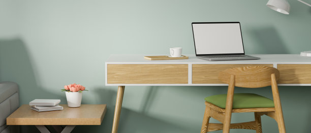 在时尚的家庭办公室木质书桌上，笔记本电脑与模型屏幕，3D渲染图片下载