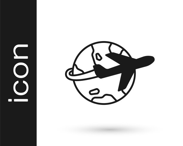 黑色地球仪与飞行飞机图标隔离在白色背景。飞机绕着地球飞行。飞机世界图标。向量图片下载