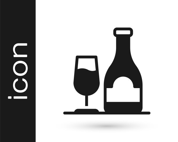 黑色葡萄酒瓶与玻璃图标孤立在白色背景。向量图片下载