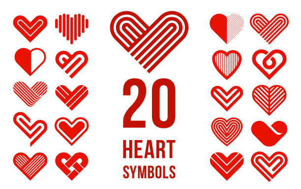 心形几何线性标志矢量图标或标志集，关爱和慈善几何符号收集，平面设计现代风格元素。图片下载