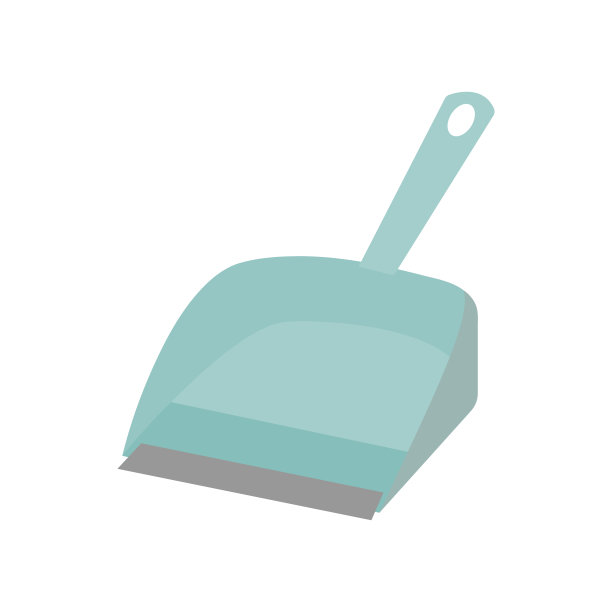 手绿松石畚箕图标。清洁服务理念。平面清洁用品，手握簸箕，清洁铲。图片下载