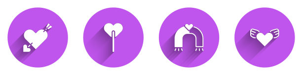 Set Amour with heart and arrow, Lollipop, Love magnet and heart wings icon with long shadow。向量图片下载