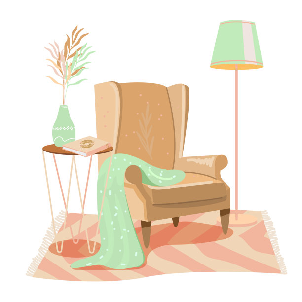 舒适的室内插图。老式椅子，格子呢，桌子，地毯图片下载