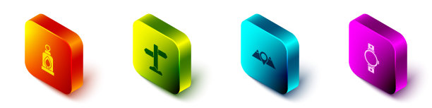 设置等距露营灯，道路交通路标，位置山和智能手表图标。向量图片下载