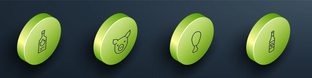 塔巴斯科酱汁，猪，鸡腿和啤酒瓶图标。向量图片下载