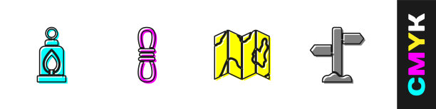 设置露营灯，攀登者绳索，地图上的森林位置和道路交通路标图标。向量图片下载