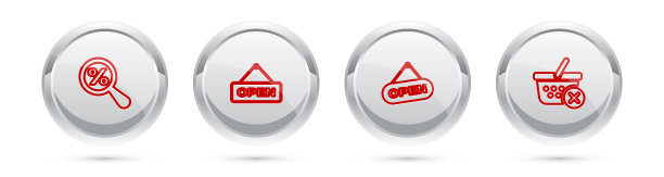 设置线条放大镜与百分比，悬挂标志打开门，并移除购物篮。银圈按钮。向量图片下载