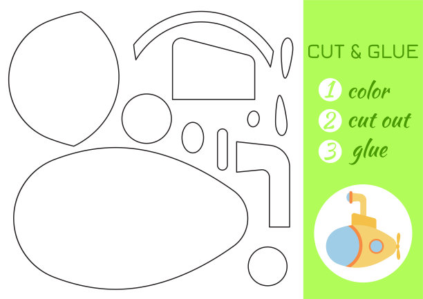 上色、裁切、粘纸黄潜水艇。剪切和粘贴工艺活动页面。学龄前儿童的教育游戏。DIY工作表。幼儿逻辑游戏，活动拼图。矢量插图。图片下载