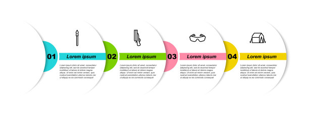 设置线中世纪长矛，猎枪，眼镜和旅游帐篷。业务信息模板。向量图片下载