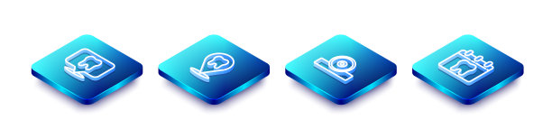 设置等距线牙科诊所位置，，耳鼻喉头部反射器和日历与牙齿图标。向量图片下载