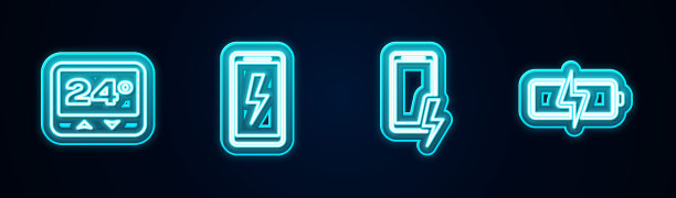 设置线温控器，移动充电电池，电池。发光的霓虹灯图标。向量图片下载