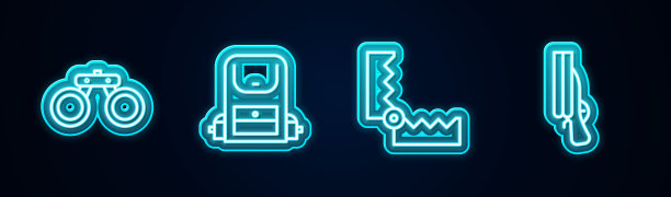 设置双筒望远镜，徒步背包，陷阱狩猎和猎枪。发光的霓虹灯图标。向量图片下载