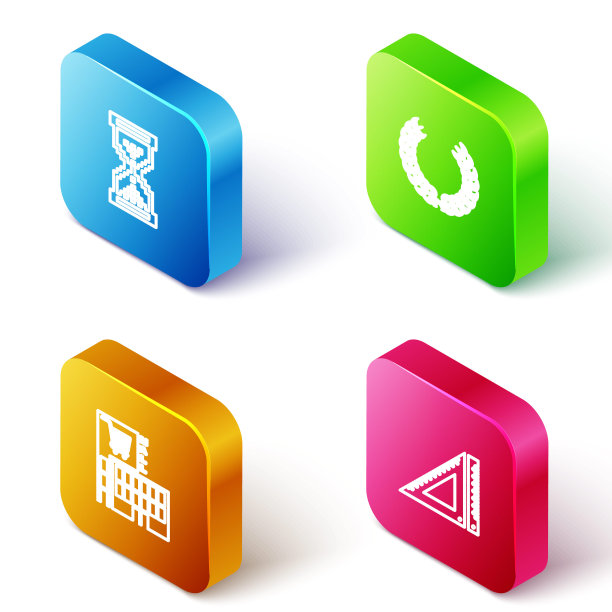 设置等距线沙漏像素，月桂花环，购物中心或超市建筑和三角形标尺图标。向量图片下载