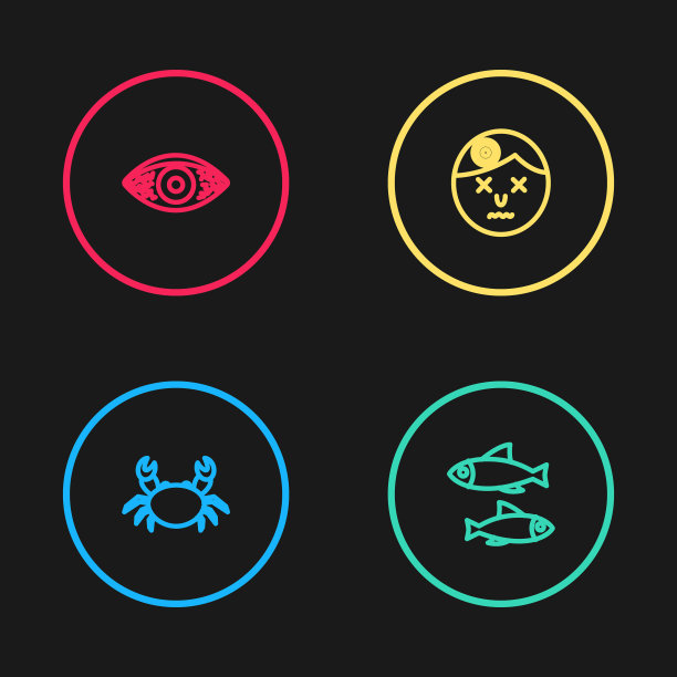 集线蟹，鱼，男人头痛和红眼过敏性结膜炎图标。向量图片下载