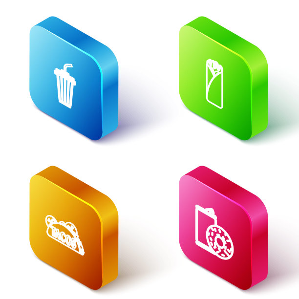 设置等距线玻璃与水，玉米煎饼，墨西哥玉米饼和铝罐汽水和甜甜圈图标。向量图片下载