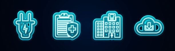 电插头，医疗保险剪贴板，牙科诊所和云下载。发光的霓虹灯图标。向量图片下载