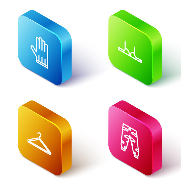 设置等距线皮手套，胸罩，衣架衣柜和迷彩工装裤图标。向量图片下载