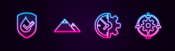 集防水，山，时钟和齿轮和外包的概念。发光的霓虹灯图标。向量图片下载
