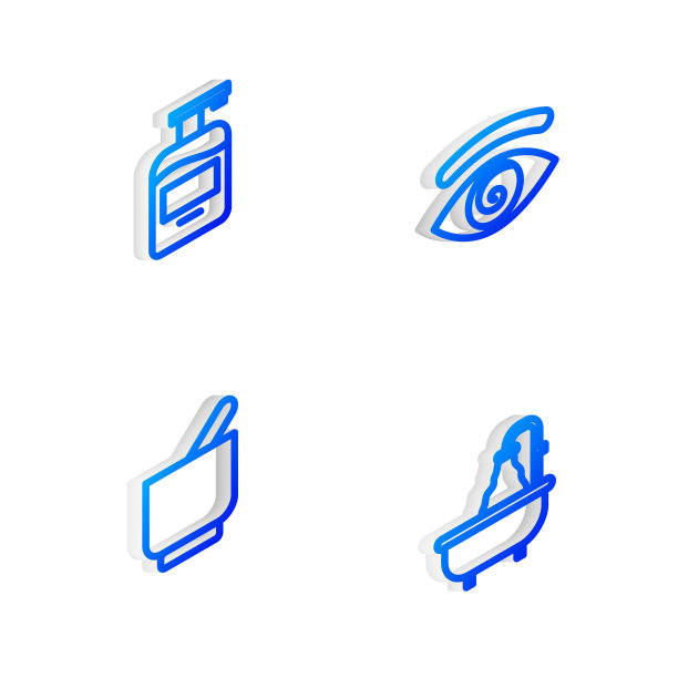 设置等距线催眠，瓶液体肥皂，臼和杵和浴缸图标。向量图片下载